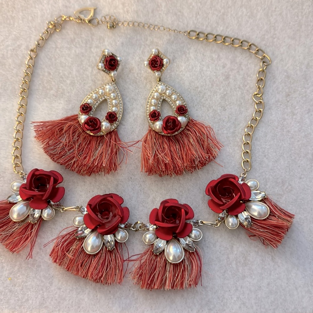 Betsey Johnson red and coral necklace and earrings